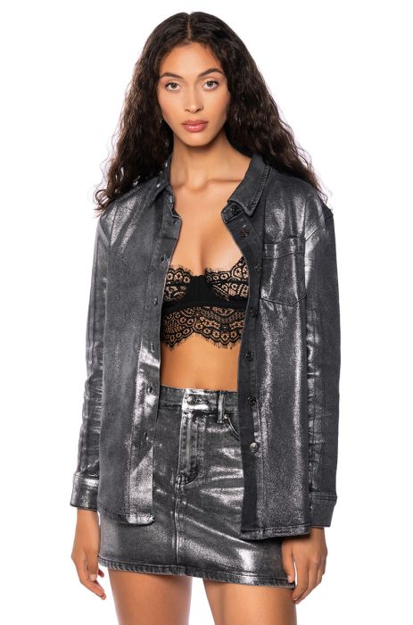 TWILIGHT HOUR FOIL EFFECT DENIM BUTTON DOWN IN BLACK WASH DENIM