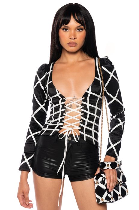 VALENTINA LACE UP LONG SLEEVE BLOUSE in black white