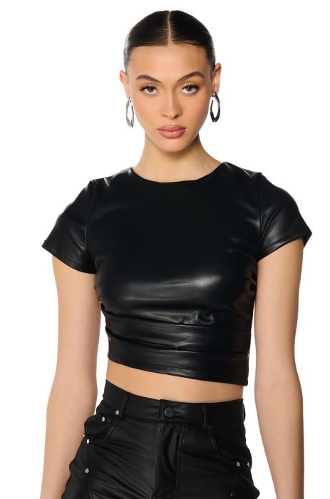 VALENTINA SHORT SLEEVE FAUX LEATHER CROP SHIRT IN BLACK