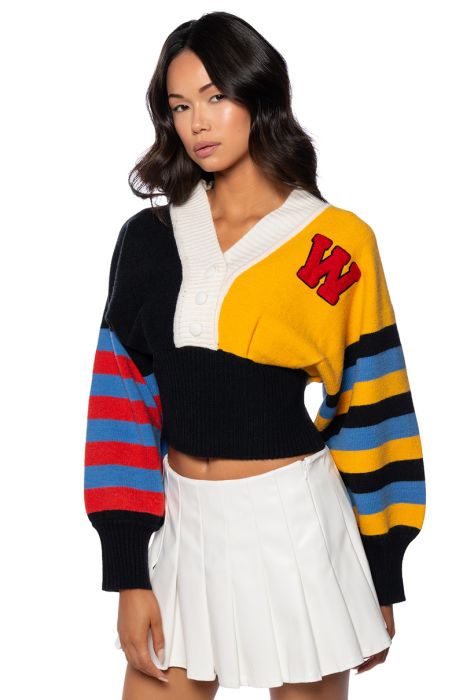 VARSITY STRIPES BUTTON DOWN SWEATER in black multi