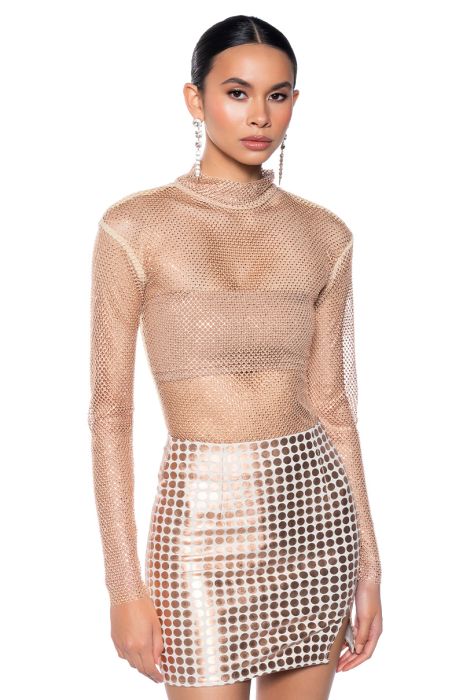 VEGA RHINESTONE MESH LONG SLEEVE TOP IN BEIGE