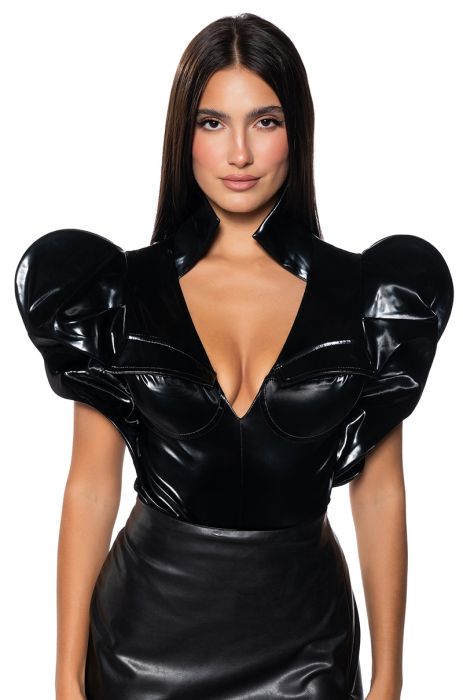 VERONICA DRAMATIC SHOULDER COLLARED BODYSUIT in BLACK