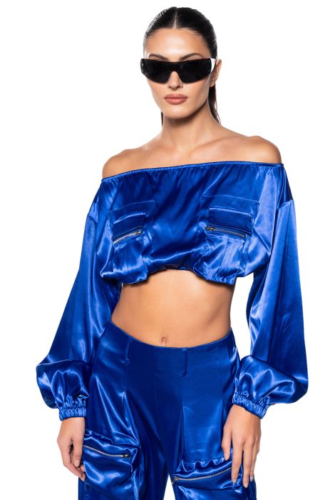VIOLET DREAMS OFF SHOULDER POCKET DETAIL CROP TOP in royal blue